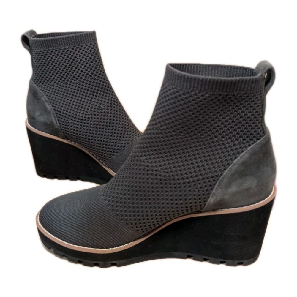 Eileen Fisher 5.5 Boots London Recyled Quill Grey Knit Suede Wedge Ankle Modest